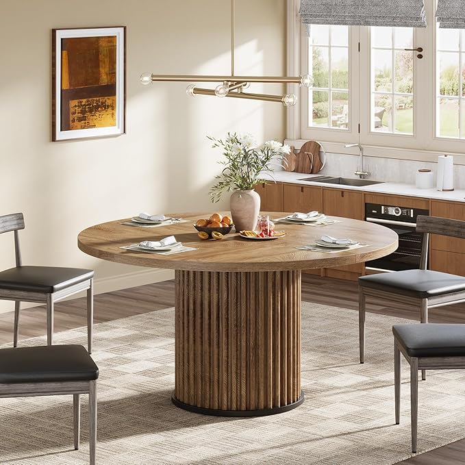 Tribesigns 47.24-Inch Brown Round Dining Table for 4-6 People, Modern Fluted MDF + Metal Base Kitchen Table, Sturdy Circle Dining Room Furniture, Brown