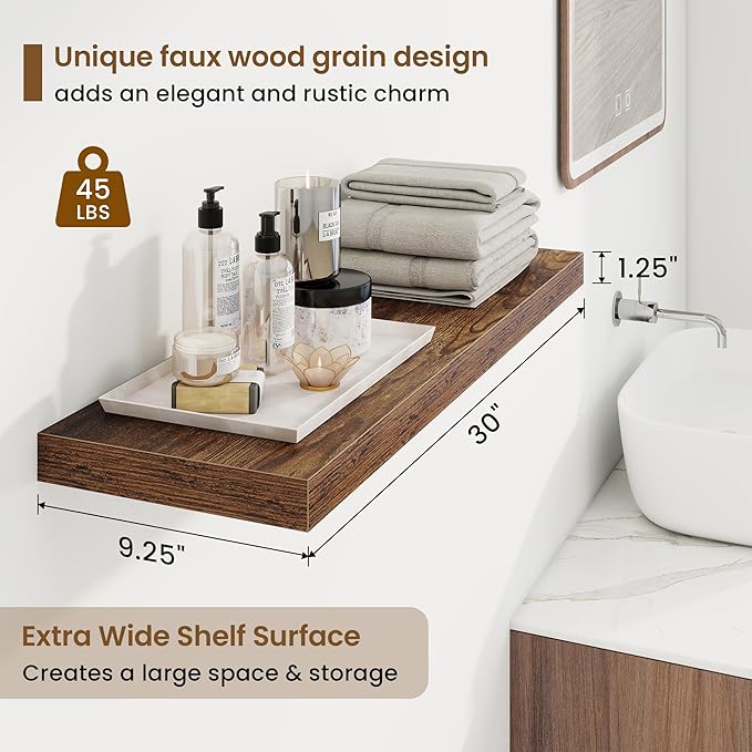 Marsmiles 30in Floating Shelves for Wall, 30" W x 9.25" D x 1.25" H, 2 Pack Long Wall Mounted Engineered Wood Shelves with Invisible Brackets for Living Room, Bedroom, Bathroom, Kitchen, Rustic Brown