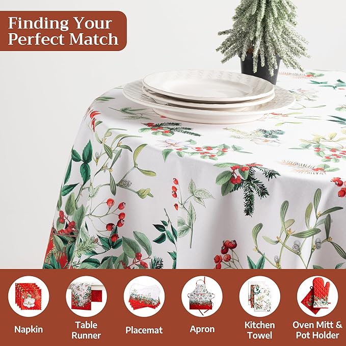 Maison d' Hermine Table Cloth Round Table 100% Cotton 63 Inches Fall Tablecloth Reusable Everyday Use for Thanksgiving Christmas Decorations Dining Farmhouse Party (Noel)