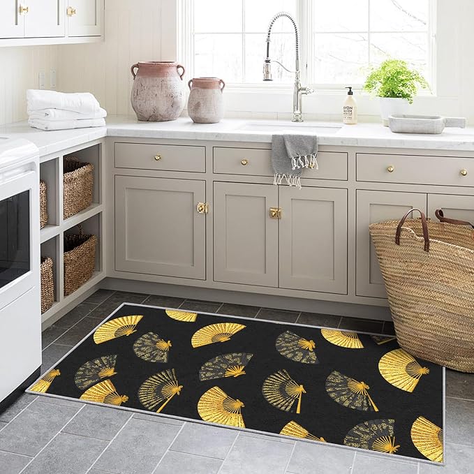 Oriental Fan Runner Rug 4x11, Black and Gold Vintage Asian Design, Japanese Style Area Rug, Washable Non-Slip Floor Carpet Runner for Bedroom, Dining Room, Living Room Aisle