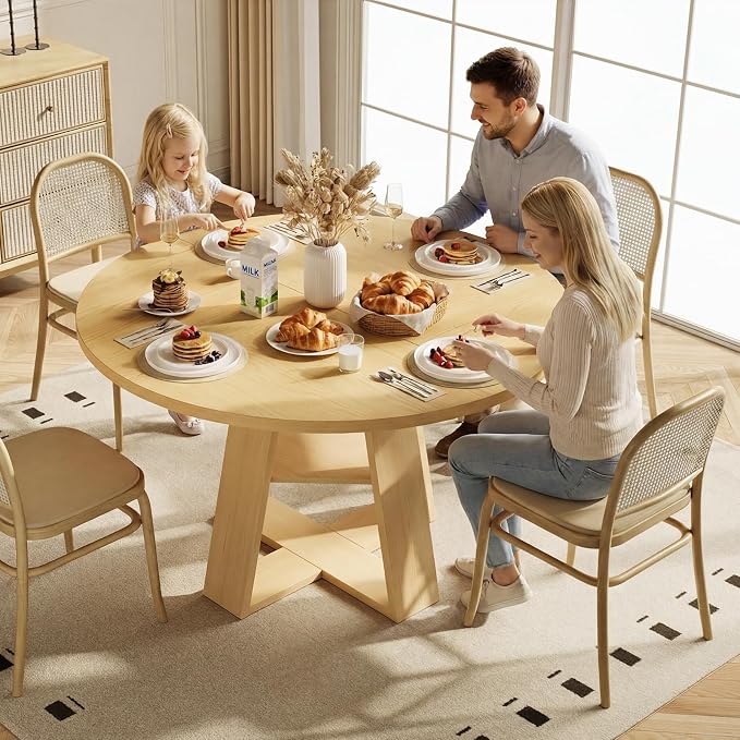 47.2" Round Dining Table for 4-6, Circle Kitchen Table with Open Storage Shelf, Farmhouse Dinner Table with Cross Pedestal Base for Dining Room, Kitchen, Living Room, Burlywood