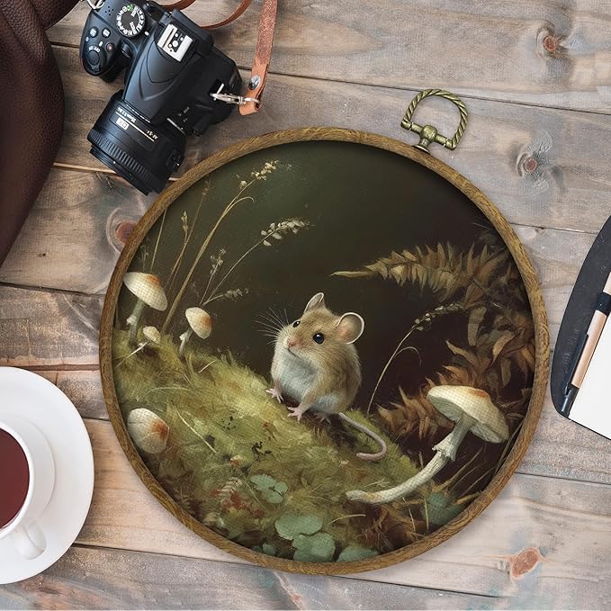 CGBHW Vintage Cottagecore Rat Round Wall Art Decor, Rustic Farmhouse Canvas Prints Framed, Moody Nature Forest Rat Mouse Wall Art Hanging Decor for Home Bedroom Living Room, 10x10 Inch