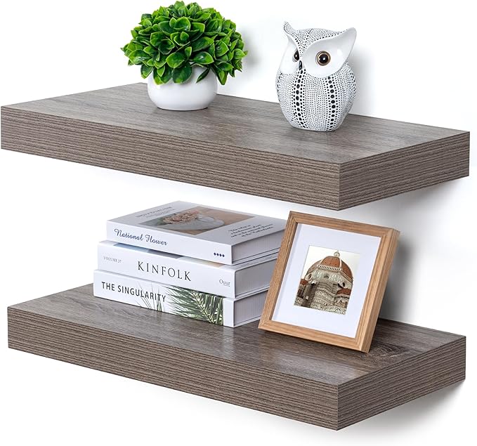 Deep Floating Shelves | 24 Inch Grey Floating Shelves Set of 2 | 12 Inch Deep Rustic Wood Shelves for Wall | 24" W x 12" D Grey Shelves for Living Room Bathroom Laundry Room Kitchen