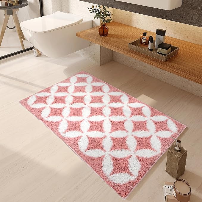 Civkor Pink and White Bathroom Rug Non Slip Washable, Cute Bath Mat for Bathroom with TPR Backing, Quick Dry Fluffy Microfiber Piles, Super Water Absorbent Thin Bath Rug Fit Under Door, 24x16Inch