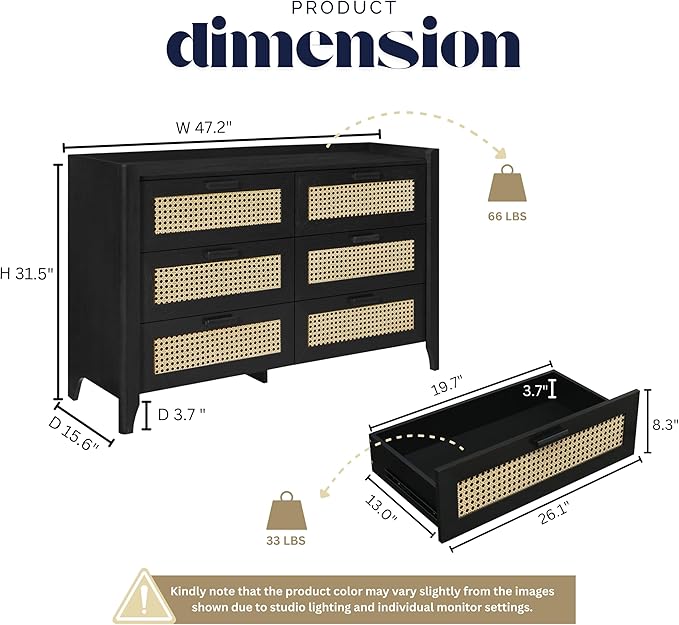 ELISA HOME Rattan-Inspired 6 Drawer Dresser for Bedroom, 47.2″ W Modern Wide Chest of Drawers, Wood Storage Organizer for Clothes, Entryway, Hallway, Nursery or Living Room, Black