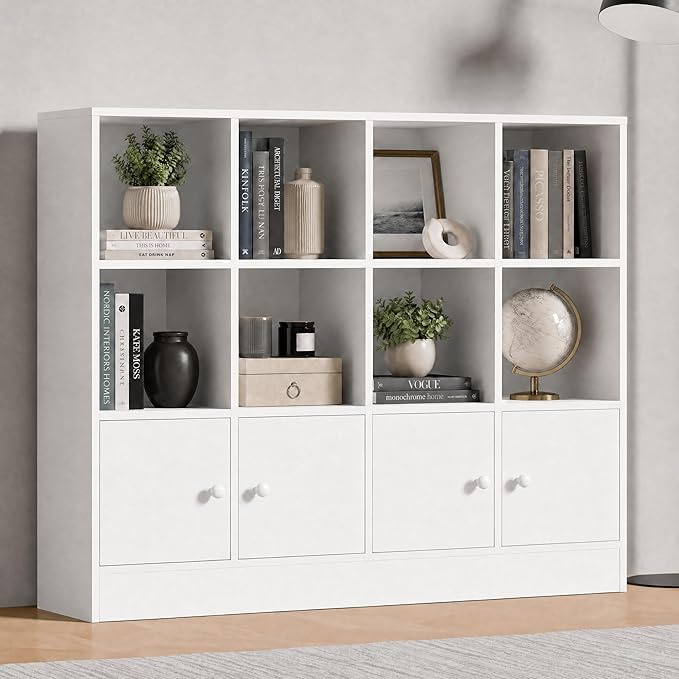 Cozy Castle White Wood Bookcase, 12 Cube Display Shelf with 4 Doors, 3 Tier Open Bookshelf with Adjustable Shelves for Living Room, Home Office, Entryway