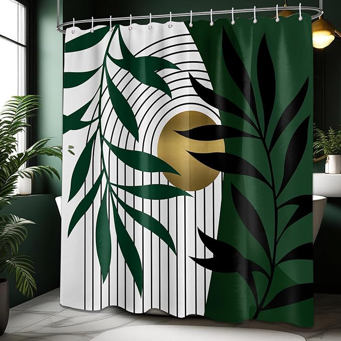 Olive Green and Gold Shower Curtain, Boho Modern Mid Century Shower Curtains for Bathroom Decor, Waterproof Fabric with Hooks, 70" W x 84" L (Pack of 1)