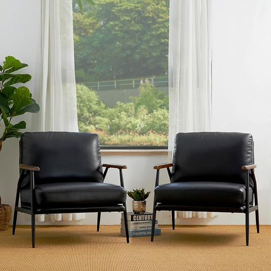 Glitzhome Modern Accent Chairs Set of 2, Metal Framed Living Room Chairs with Upholstered Cushion, Comfy Sofa Chair for Bedroom Reception Area Study Room, Black- 2 Set