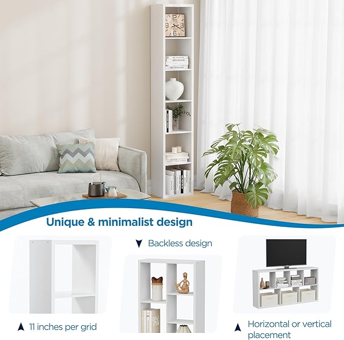 6 Cube Storage Organizer Single Row, Cube Shelf with Heavy-Duty Thick Boards, 13.31" L x 9.37" W x 72.36" H, Smooth Easy-Clean Panels, Simple Assembly, for Living Room Bedroom Office, White