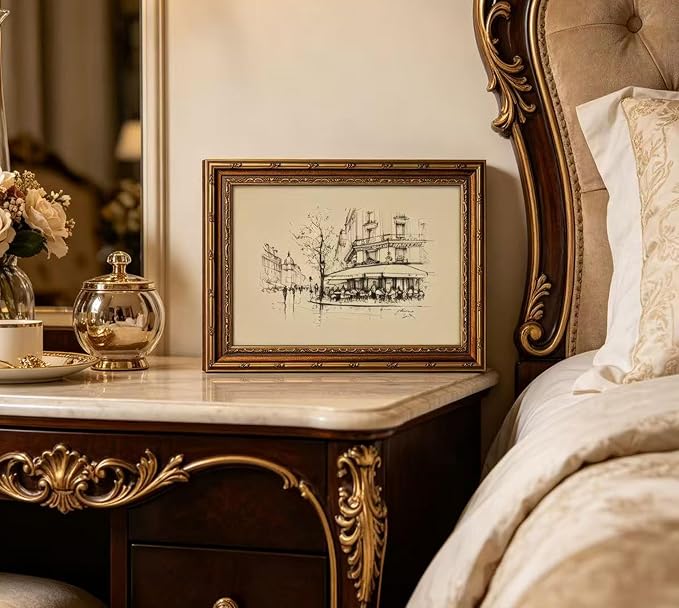 Vintage Gold Framed Black and White Sketch Wall Art French Cafe Sketch Canvas Prints Retro Paris City Landscape Poster Artwork French Bistro Wall Decor for Dining Room Kitchen Urban Decor12x16in