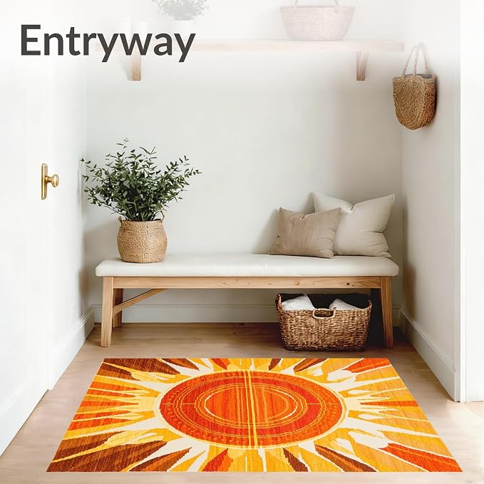 Flatwoven High Traffic Area Rug 8x10, Vintage Sunburst Area Rug with Retro Rays and Warm Earth Tone Palette, Non Slip, Stain Resistant, Washable Area Rugs for Living Room, Bedroom (Orange, 8x10)