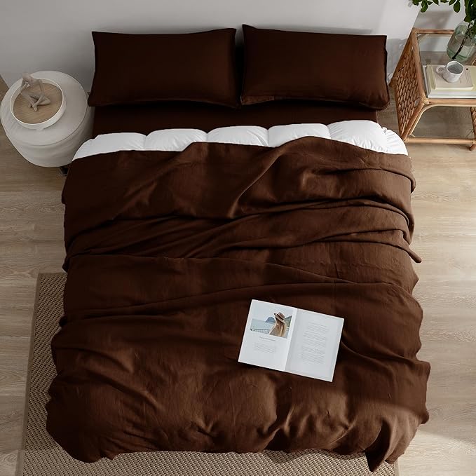 EVERLY Linen Sheets Set King Size,100% French Stonewash Pure Linen Bed Sheets,4Pieces (1Flat Sheet,1Fitted Sheet,2Pillowcase) Suitable for Hot Sleepers,Deep Pocket Natural Bedding Set-Chocolate