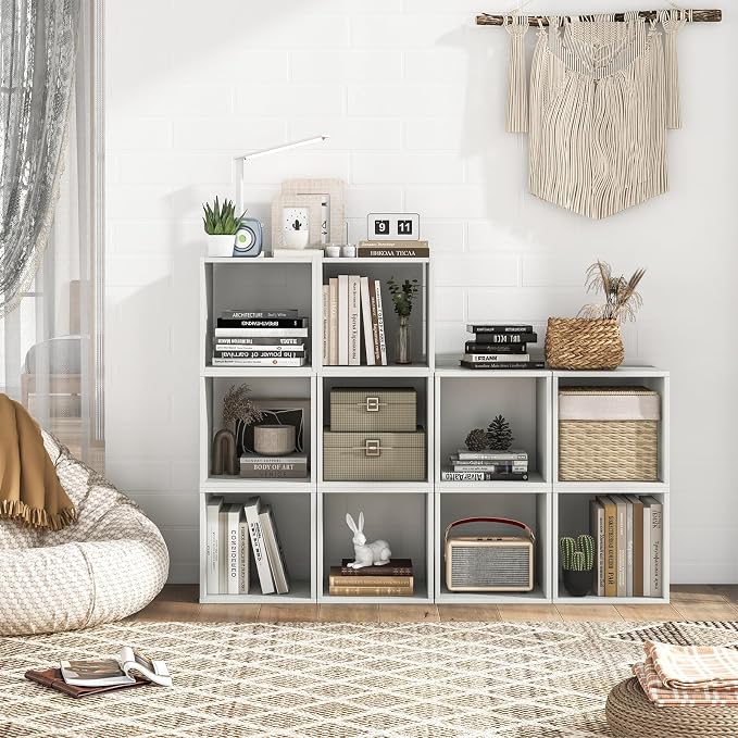 2 Stackable Cubes Bookcase, Wooden Cubby Storage Organizer with Anti-Tipping Device, Small Book Shelf for Small Space, Combination Square Bookshelf Cubes (2, White)