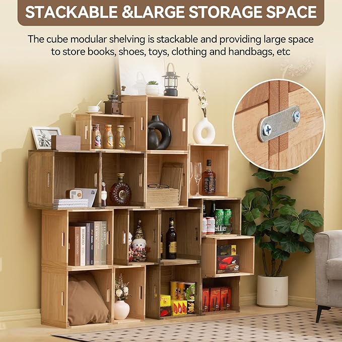 KIRIGEN Stackable Wood Storage Cube /Basket/ Bins Organizer for Home Books Clothes Toy Modular Open Cubby Storage System - Office Cubical Bookcase Closet Shelves C26-DBR