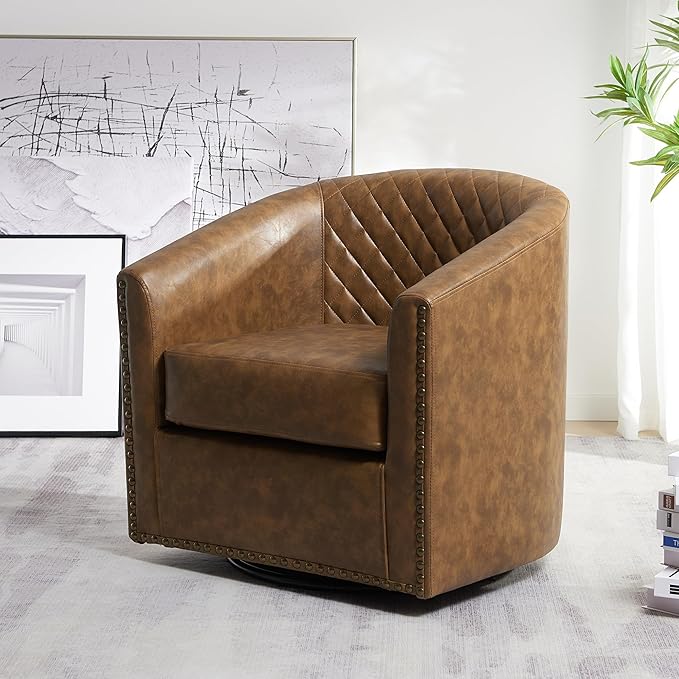 KINWELL 29" Wide Tufted Faux Leather Swivel Barrel Chair, PU Leather Modern Upholstered Accent Chairs with Nailhead Trim, Small Armchair for Living Room Bedroom, Coffee
