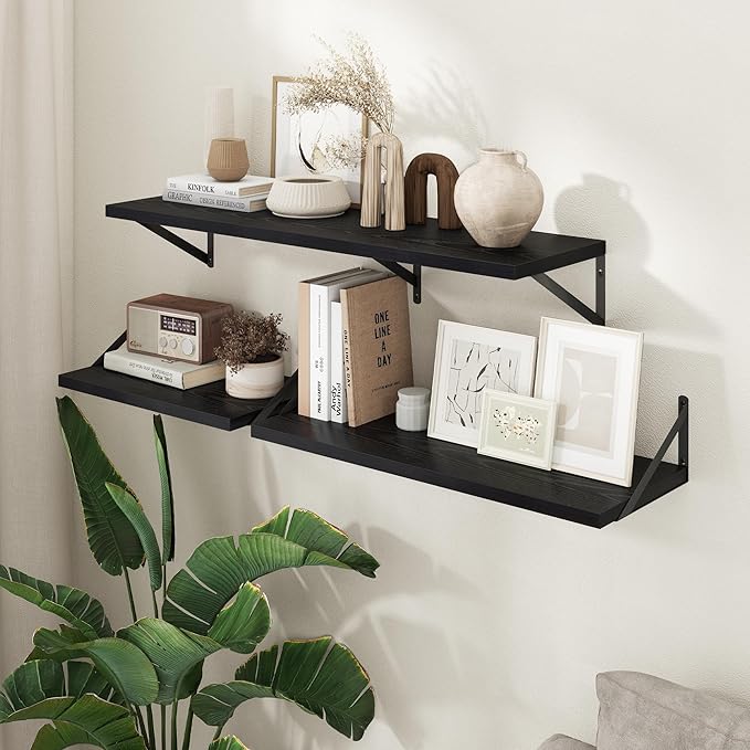 Axeman Deep Floating Shelves - 30 Inch Black Floating Shelves Set of 2-12 Inch Deep Wood Wall Shelves for Living Room Bathroom Kitchen