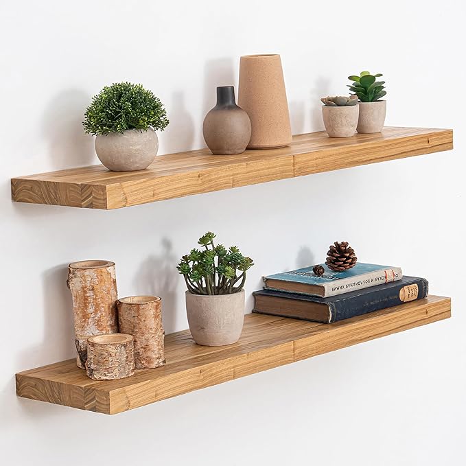 Extra Deep 32" Long Rustic Solid Wood Floating Shelves for Wall, Wall Shelves with Invisible Bracket for Living Room Bathroom Bedroom Kitchen, Set of 2, Walnut