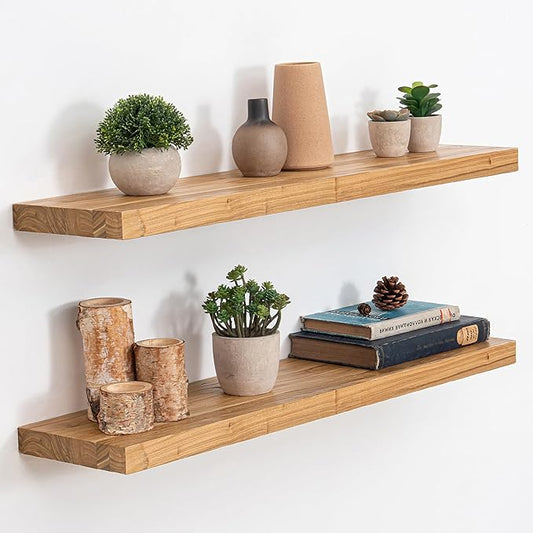 Extra Deep 32" Long Rustic Solid Wood Floating Shelves for Wall, Wall Shelves with Invisible Bracket for Living Room Bathroom Bedroom Kitchen, Set of 2, Walnut