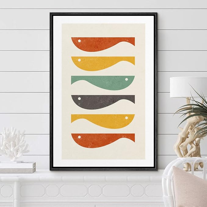 Woodrose Framed Canvas Print Wall Art Ocean Fish Nordic Silhouette Variety Animals Shapes Illustrations Modern Minimalist Chic Relax/Calm Multicolor for Living Room, Bedroom, Office - 24"x36" Black