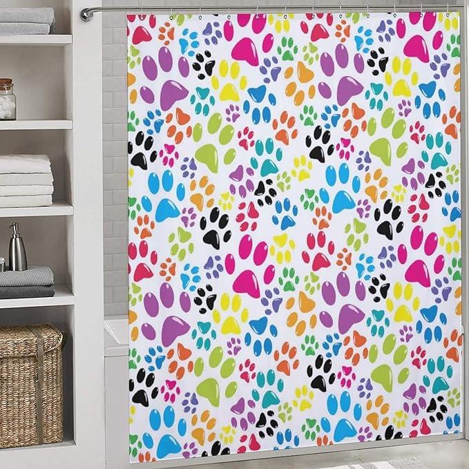 Dog Print Shower Curtain Cute Colorful Dogs Paws Duty Fabric Shower Curtains Set Bathroom Polyester Waterproof with 12 Hooks,72x72Inch（183x183cm）