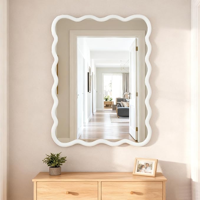 40x30 Inch Wooden Wavy Rectangle Wall Mirror, Modern Solid Wood Frame Decorative Accent Mirror for Bedroom, Bathroom, Living Room, Entryway, White