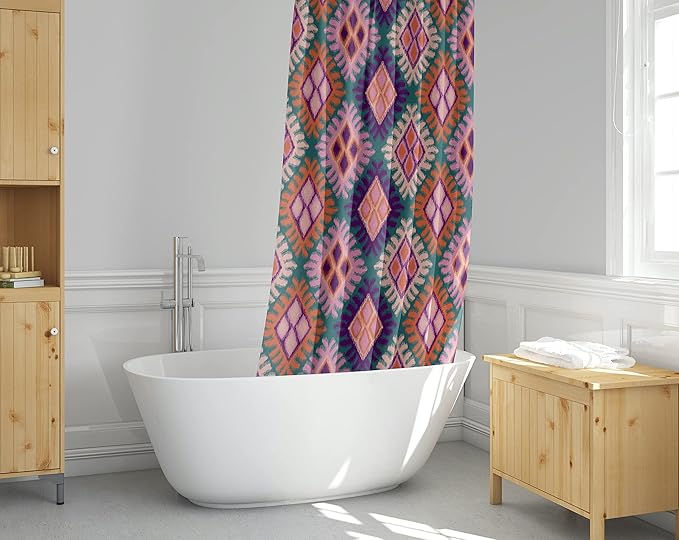 Pink Ikat Print Shower Curtain, Bathroom Decor, Boho Colorful Modern Fabric Shower Curtain 72x72 Inches (Ikat)