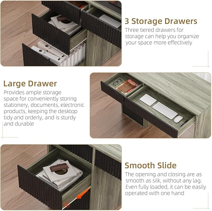 4 EVER WINNER Computer Desk with Drawers, 48 Inch Small Desk with Drawers and Storage Cabinet, Wood Desk with Hidden Handle for Living Room, Bedroom, Home Office Desk for Small Spaces, Grey