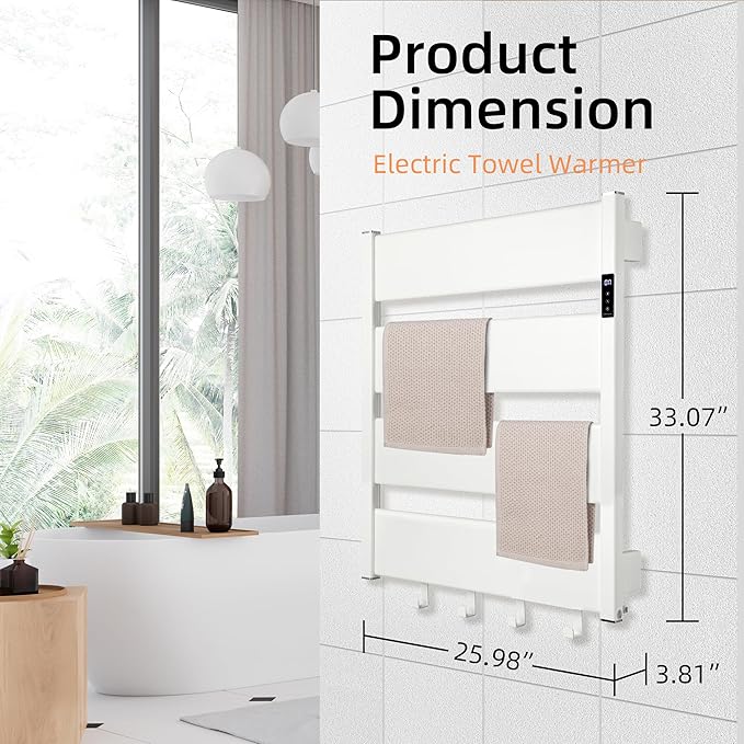 K&KALONZO Towel Warmer for Bathroom, Wall-Mounted Heated Towel Rack with Built-in Timer, Waterproof Alumnimum Electric Towel Heater, Support Plug-in and Hardwired, White, H4-W