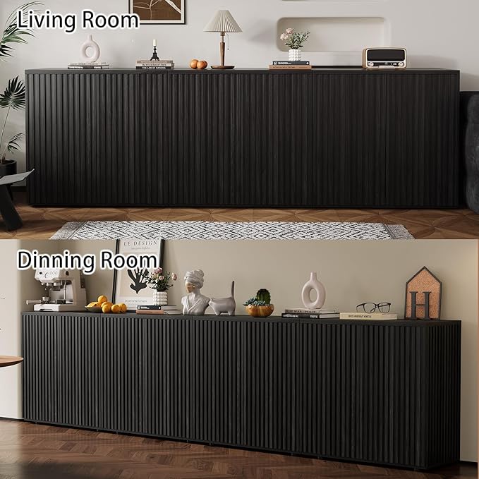 Rophefx Fluted Sideboard Cabinet, 126" Buffet Cabinet with Storage, Credenza Storage Cabinets with Adjustable Shelf, Wood Entryway Cabinets with Pop-up Doors for Living Room, Entryway, Black Grey