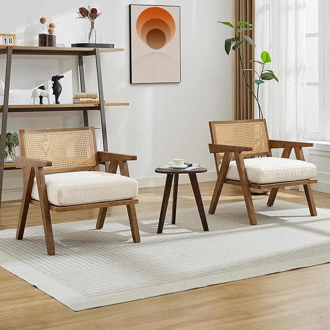 Mid Century Modern Accent Chair, Comfy Living Room Chairs with Sturdy Wood Legs, Rattan Backrest & Beige Thick Linen Cushion, Armchair for Bedroom Balcony Apartment, Beige (2 PCS)