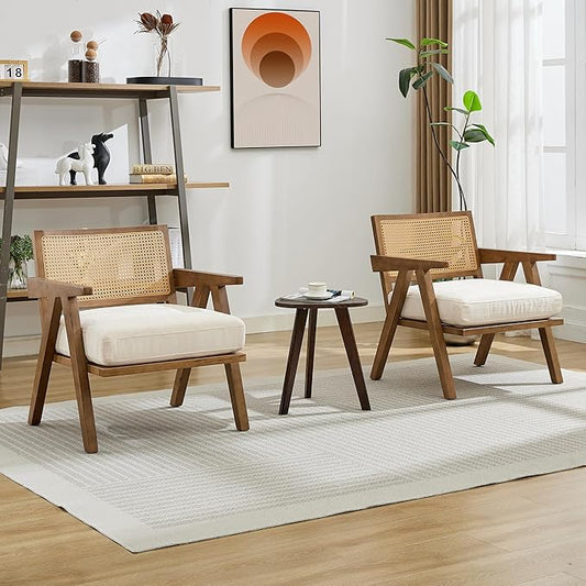 Mid Century Modern Accent Chair, Comfy Living Room Chairs with Sturdy Wood Legs, Rattan Backrest & Beige Thick Linen Cushion, Armchair for Bedroom Balcony Apartment, Beige (2 PCS)