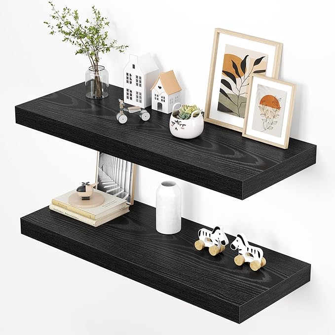 Dreamland 36" Floating Shelves for Wall, 12" Deep Thicker Black Floating Shelves, Wall-Mounted Shelves for Bedroom, Living Room, Kitchen, Bathroom - Set of 2