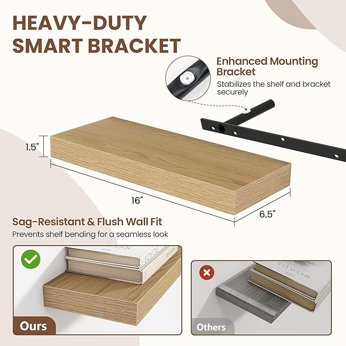 16 Inch Floating Shelves for Wall 2 Pack, 16" Wall Shelves for Books, Storage, Decor, Wall Mounted Floating Shelf with Invisible Brackets for Kitchen, Living Room, Oak