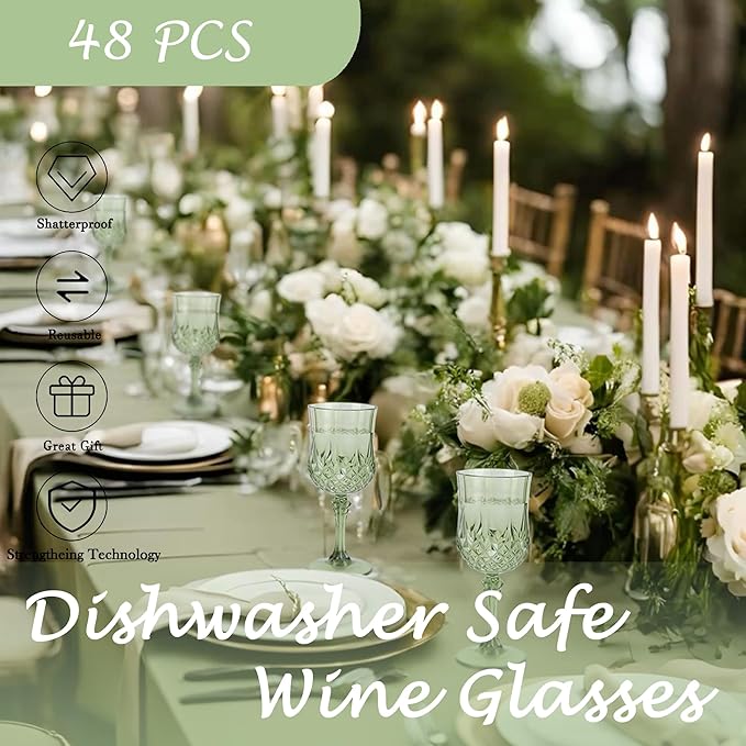 Plastic Wine Glasses, Plastic Goblets Vintage Style Cordial Drinking Glasses for Valentine’s Day, Wedding Reception, Grand Event Party Supplies (48, New Green)