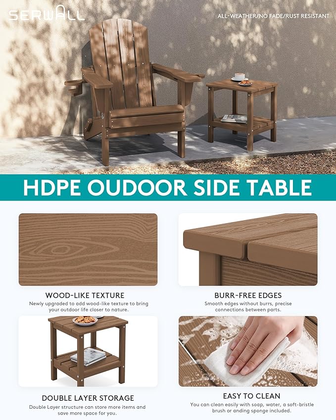 SERWALL 2-Tier HDPE Outdoor Side Tables Set of 2, Weatherproof Rectangular Adirondack Side Table, Brown