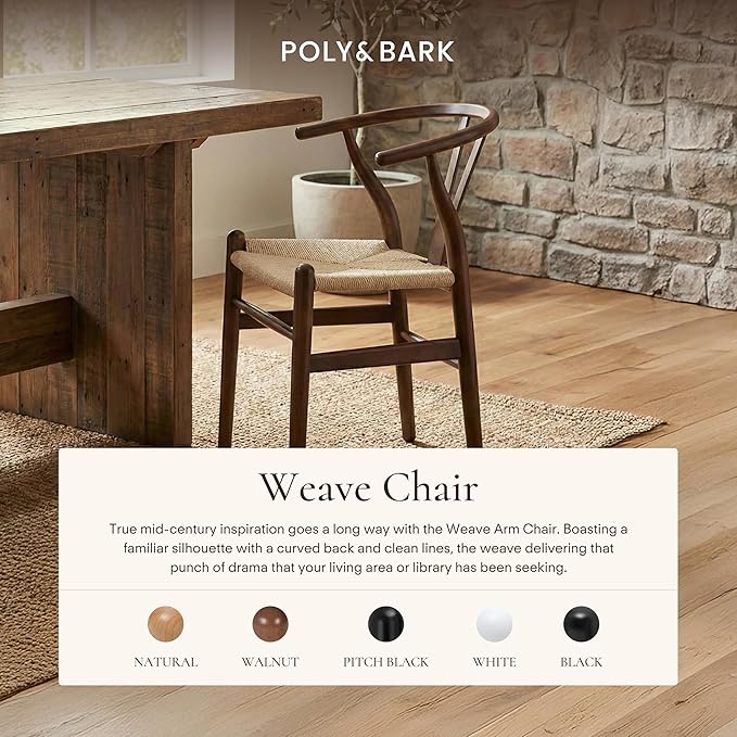 POLY & BARK Weave Dining Chair – Mid-Century Modern Wishbone Dining Chair with Arms, Solid Wood Frame, Indoor Use – Walnut – Single - Ideal for Dining Room, Kitchen or Stylish Accent Setting