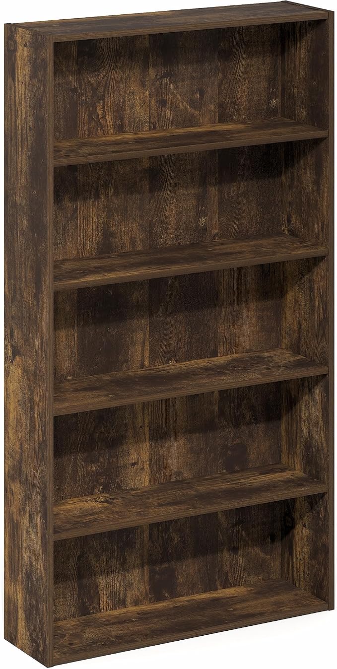 Furinno Basic Book Shelf, 5-Tier Bookshelf, Storage Organizer Bookcase with Open Shelf, 7 x 24 x 44, for Living Room, Bedroom, Home Office, Amber Pine