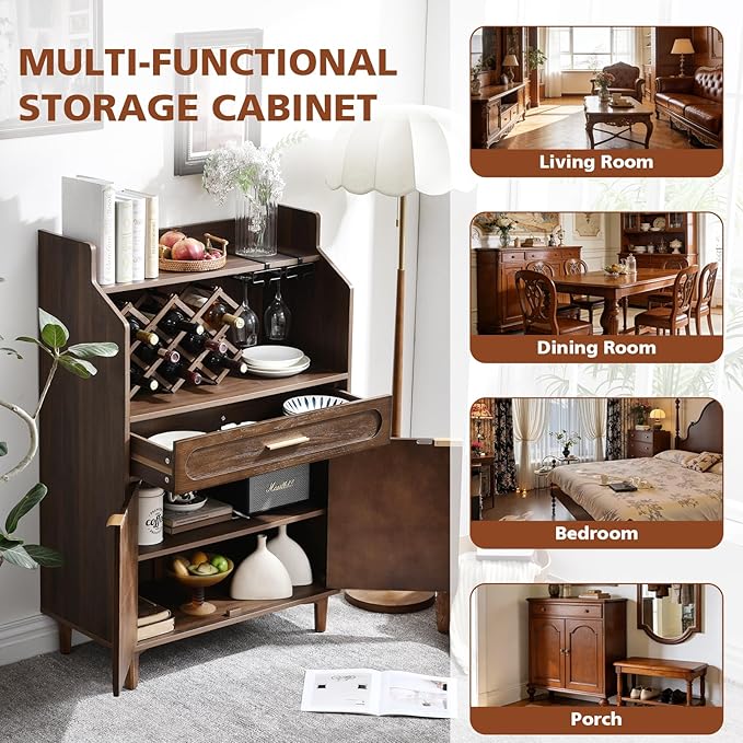 40" Vintage Bar Cabinet with Wine Rack and Glass Holder, Carved Wood Double Doors, Wide Storage Drawer & Adjustable Shelves for Home Bar, Living Room or Dining Room