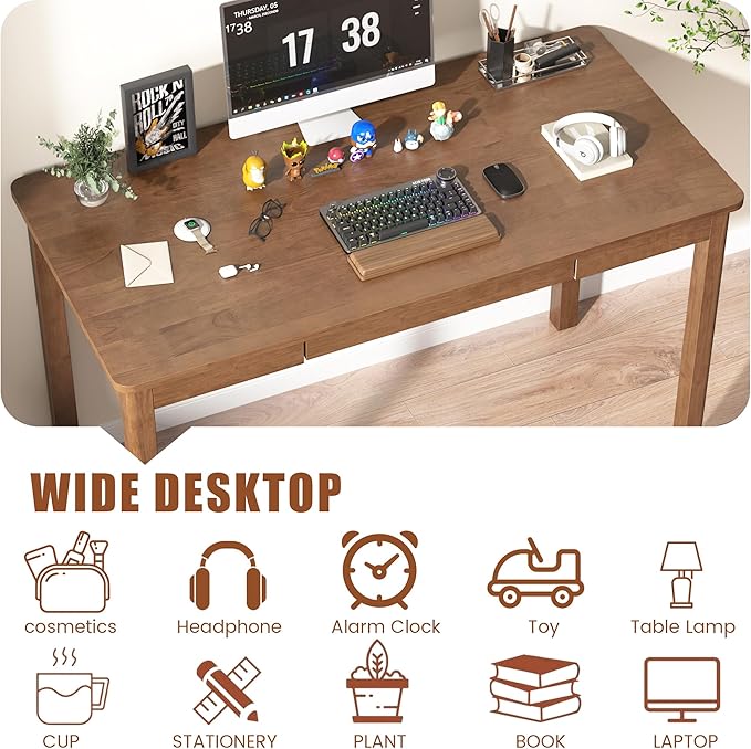 Solid Wood Desk with Keyboard Tray - 48 Inch Mid Century Modern Writing Desk, Computer Desks with Keyboard Tray, Simple Study Table Home Office Desks for Bedroom|Small Spaces-Walnut Color