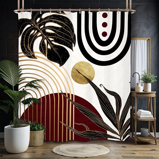 Miyotaa Abstract Burgundy Black Shower Curtain Set 60Wx71H Inches Modern Minimalist Aesthetic Mid Century Retro Leaves Modern Contemporary Waterproof Bathroom Curtain with 12 Hooks