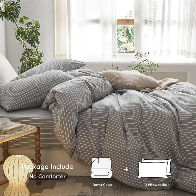 MooMee Striped Duvet Cover Set 100% Washed Cotton Linen Like Textured Breathable Durable Soft Comfy (Light Grey White Wide Stripes, Cal King 104"x98")