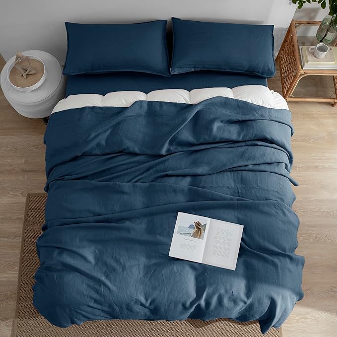 EVERLY Linen Sheets Set Queen Size,100% French Stonewash Pure Linen Sheets Set,4Pieces (1Flat Sheet,1Fitted Sheet,2Pillowcase) Suitable for Hot Sleepers,Deep Pocket Natural Bedding Set-Navy Blue