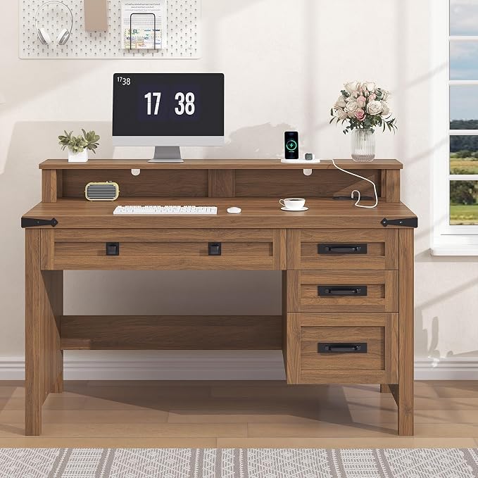 YOMILUVE Farmhouse Executive Desk with Drawers, 47" Computer Desk with Power Outlets, Home Office Desk with Monitor Stand & 4 Drawers, Small Desk Writing Study Table, Brown