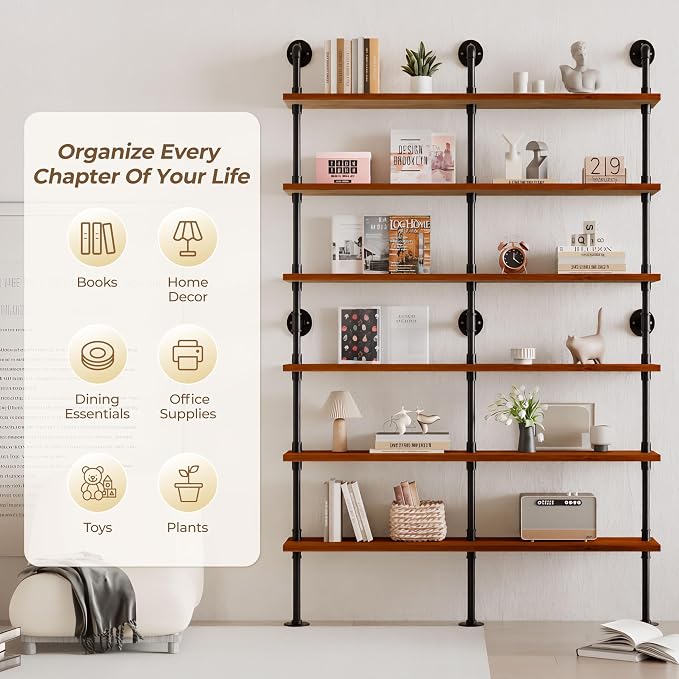 6 Tier Industrial Ladder Shelf Bookcase, Wall Mounted Rustic Bookshelf for Living Room Decor and Storage (Walnut Color, 6 Tier - 10" D x 60" W x 82.5" H)