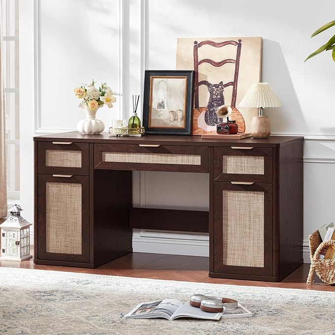 LEYAOYAO Office Desk 56" with 5 Drawers Storage File Cabinet Rattan Wood Desk for Computer Office Bedroom Home Furniture Dark Walnut