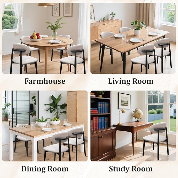 Farmhouse Dining Chairs Set of 4,Mid Century Modern Fabric Upholstered Kitchen Chairs,Wooden Dining Room Chair with Curved Back Black Leg for Kitchen Dining Room Restaurant Cafe,Linen Gray,Only Chairs