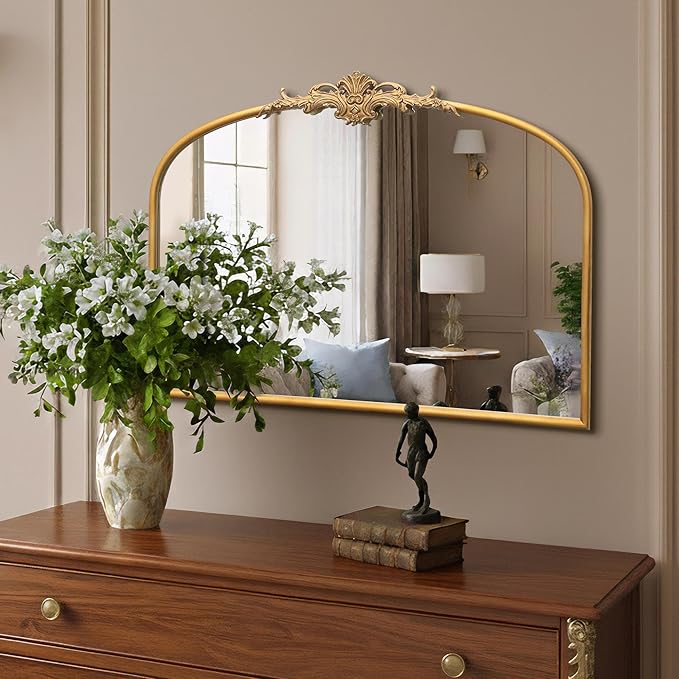 Besdomus Antique Arched Gold Mirror: 32"x24" Large Gleaming Gold Antique Wall Mounted Mirror - Baroque Traditional Ornate for Fireplace/Bathroom/Bedroom - Wall Decor for Homemakers