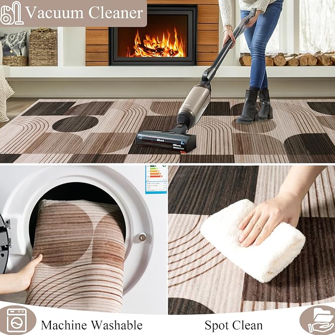 Large Machine Washable 9x12 Area Rug, Soft Modern Geometric Abstract Brown Rugs for Bedroom Living Room, Non-Shedding Faux Wool Indoor Throw Floor Carpet for Office Entryway Dining Room Decor