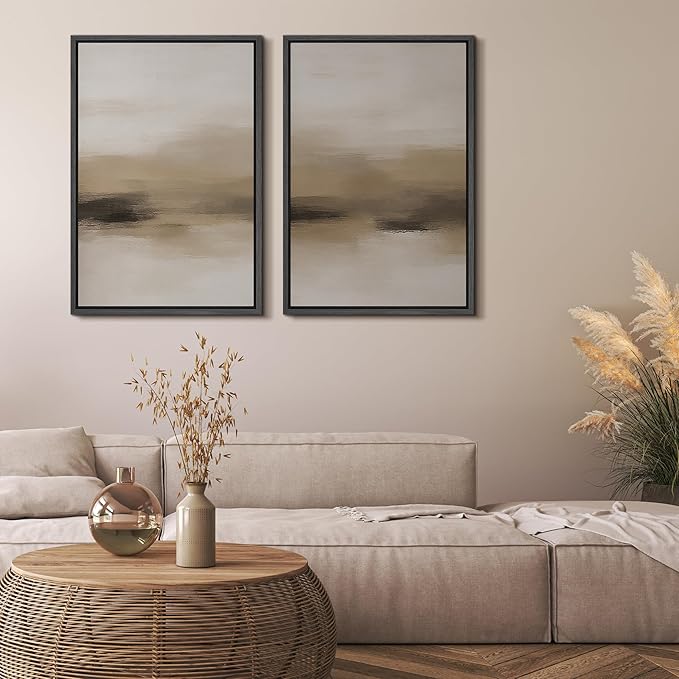 MUDECOR Framed Canvas Print Wall Art Abstract Neutral Beige Contemporary Minimalist Landscape Illustrations Modern Art Decorative Bohemian Colorful for Living Room, Bedroom, Office - 16"x24"x2 Black