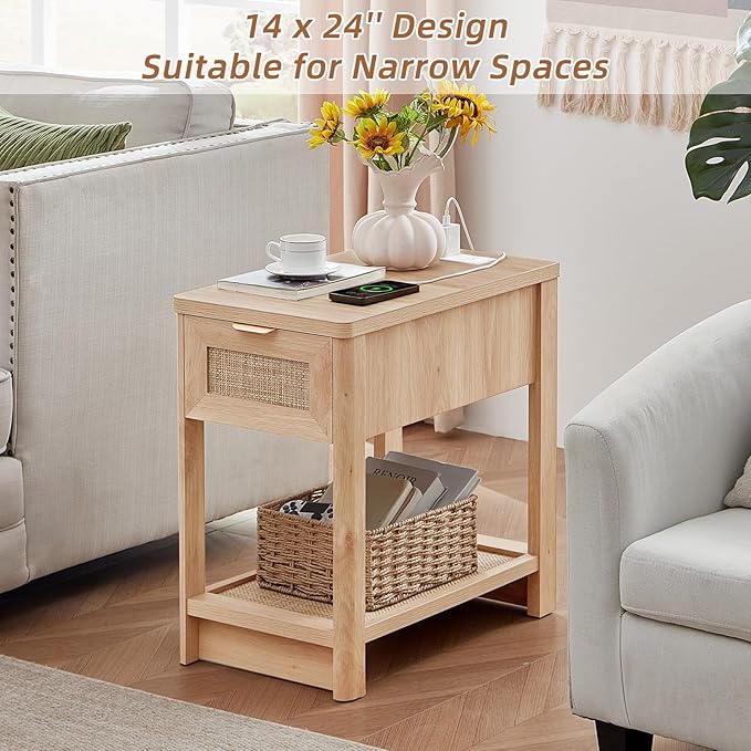 Lerliuo Rattan Night Stand Set of 2, Narrow Nightstand with Charger Station, Boho Bed Side End Table with Drawer Rattan Shelf for Small Spaces, Natural Wood Bedside Tables for Living Room Bedroom